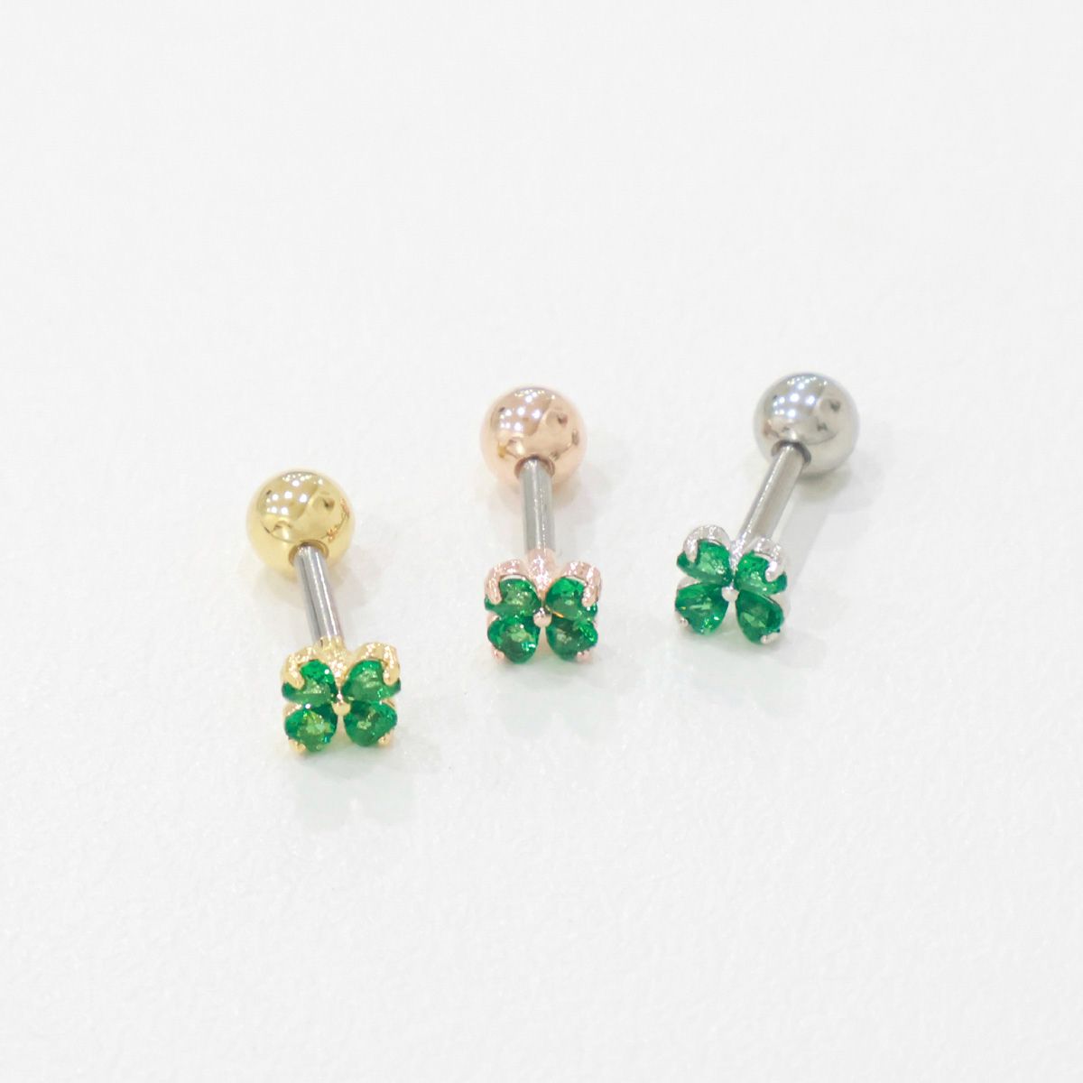 Clover Heart Barbell Earrings Set - 3 Piece Cartilage Helix Stud (Green CZ)