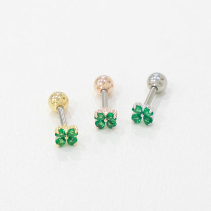 Clover Heart Barbell Earrings Set - 3 Piece Cartilage Helix Stud (Green CZ)