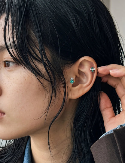 Emerald Clover Barbell Stud | Brass + Surgical Steel | K-Style Ear Stack (Single)