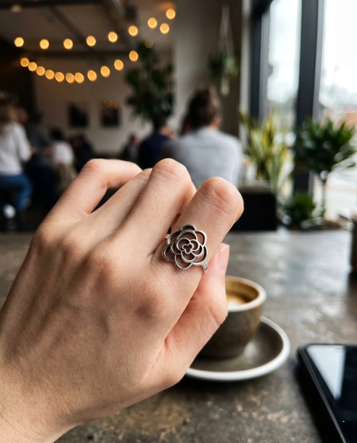 925 Sterling Silver Bold Rose Ring | Handcrafted Chunky Camellia Openwork Band