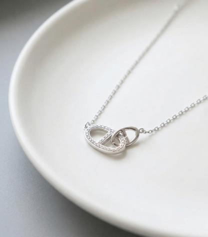 925 Sterling Silver Pavé CZ Interlocking Double Ring Necklace
