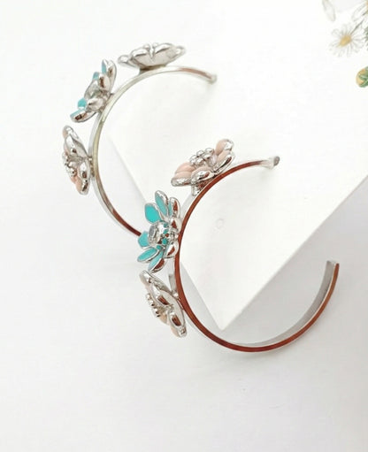 Korean Handmade Enamel Flower Hoop Earrings - Titanium Post (2 Colors)