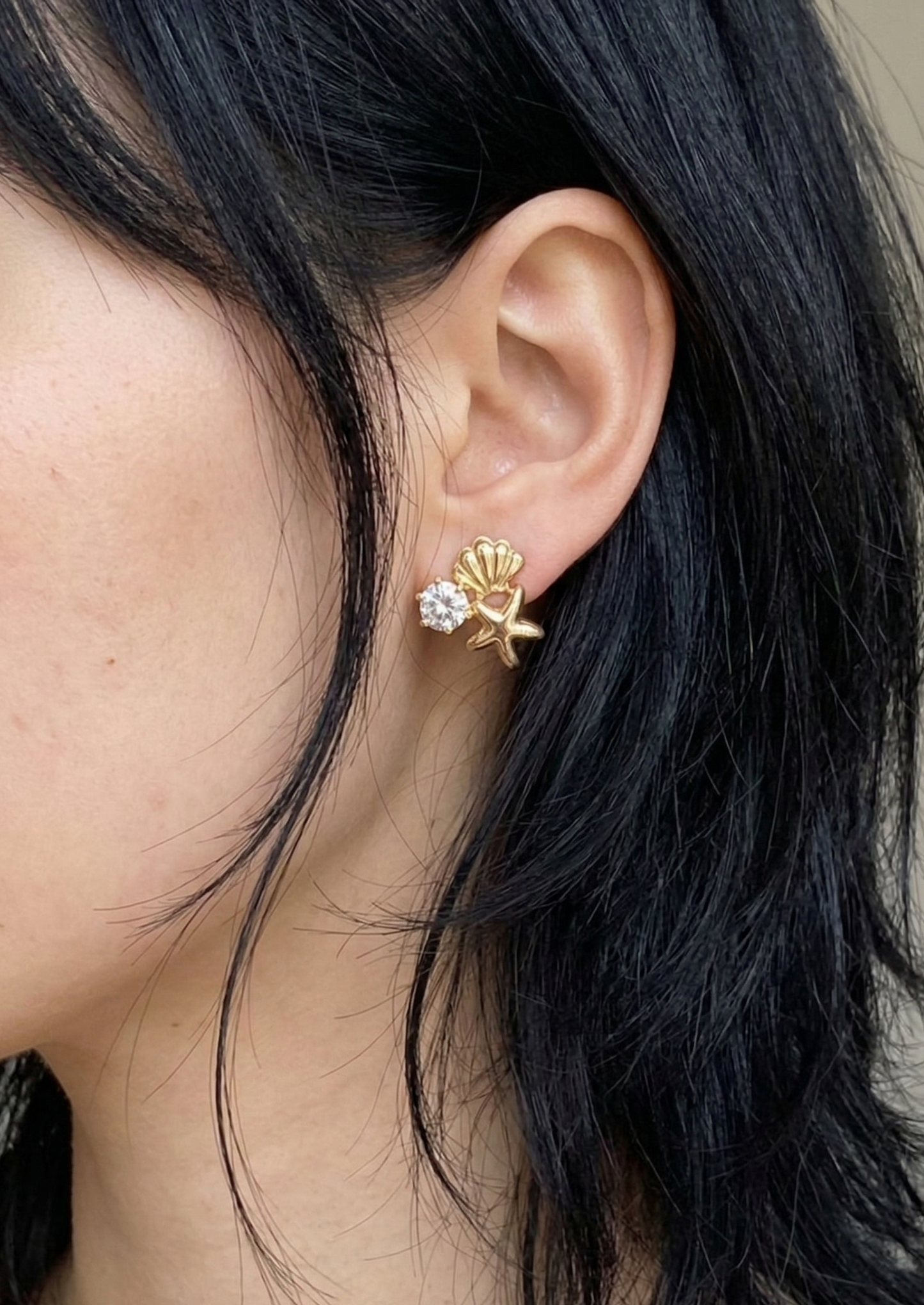Mermaidcore Shell & Starfish Cubic Zirconia Stud Earrings | Hypoallergenic Titanium Post | Gold & Silver
