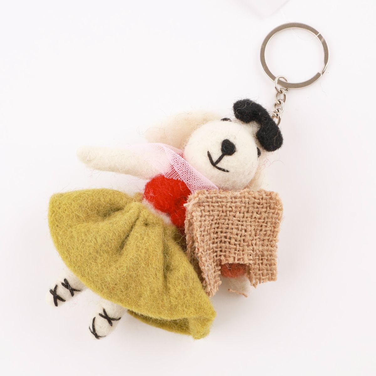 
Dog keychain in yellow skirt with shopping basket - cottagecore felt accessory