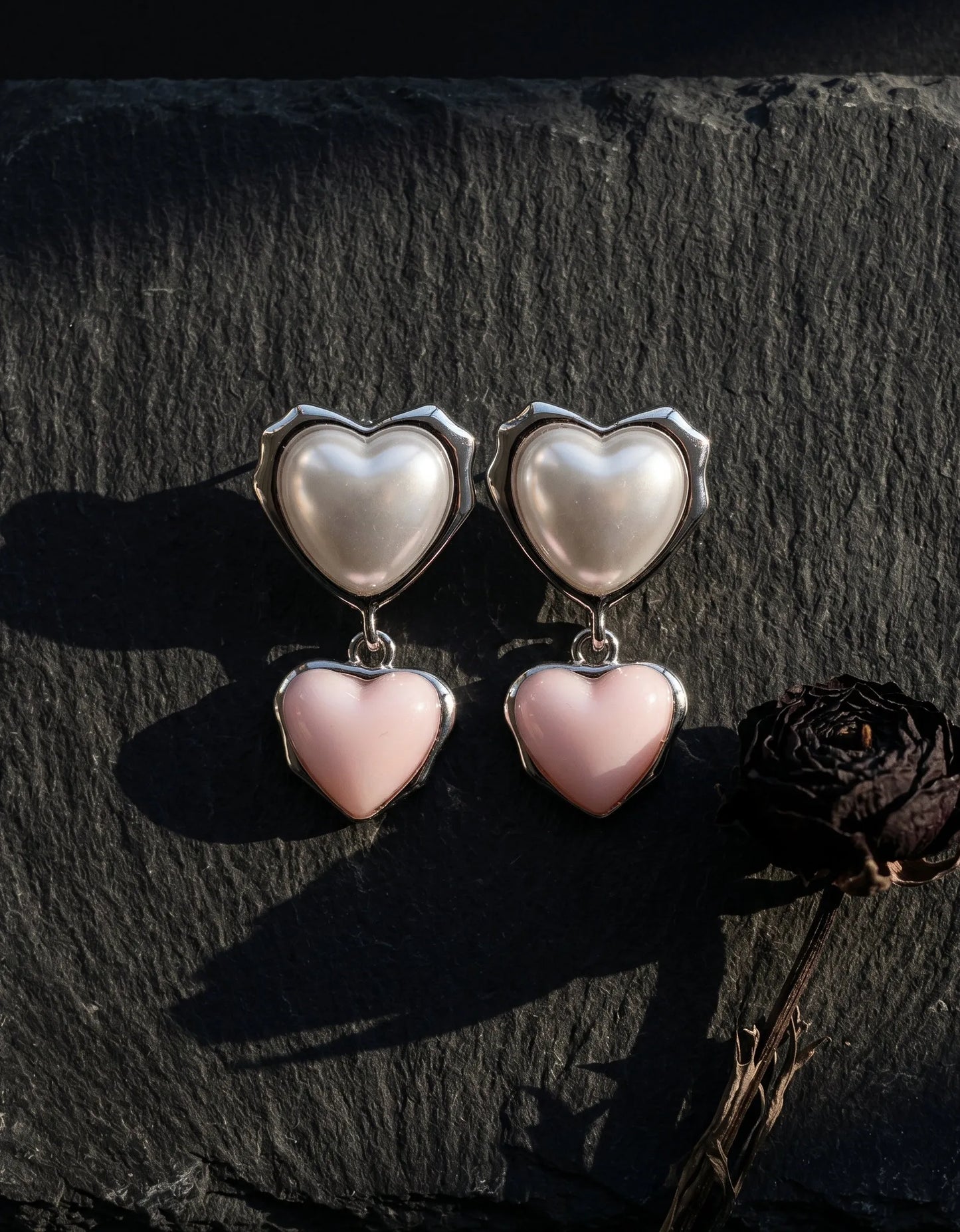 Chunky Double Heart Drop Earrings – Pearl & Color Block