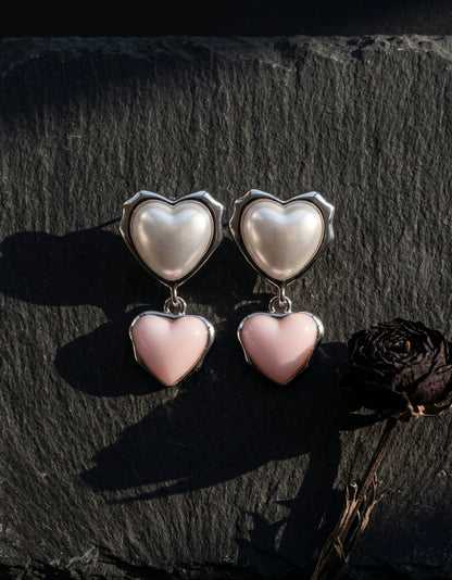 Chunky Double Heart Drop Earrings – Pearl & Color Block