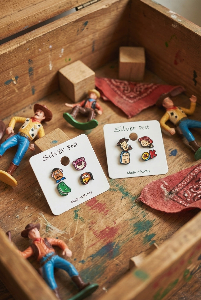 Handmade Toy Story earrings with Woody and Jessie figures in vintage wooden box