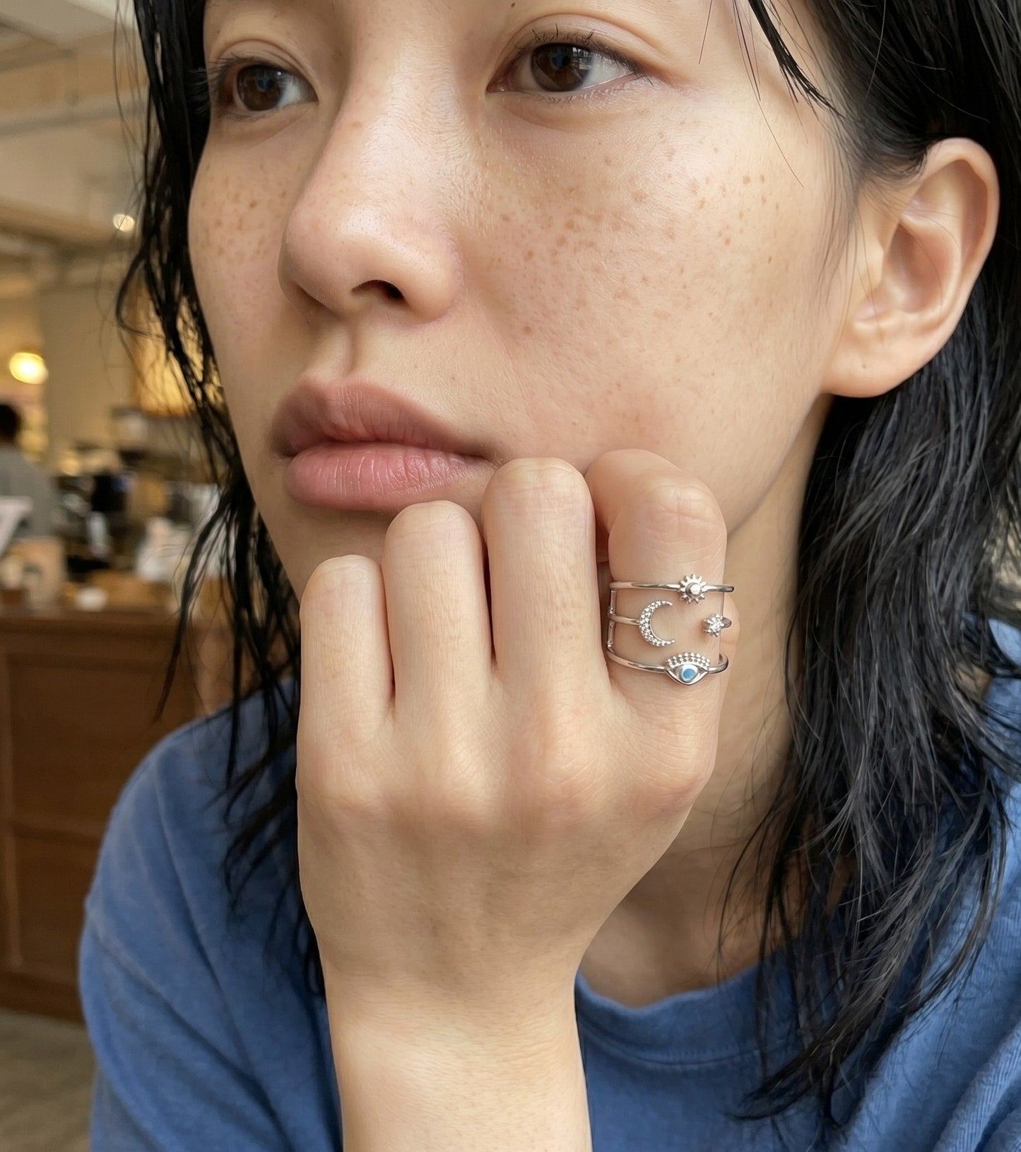 Bold Celestial Evil Eye Sun Moon Star Layered Brass Ring – Made in Korea
