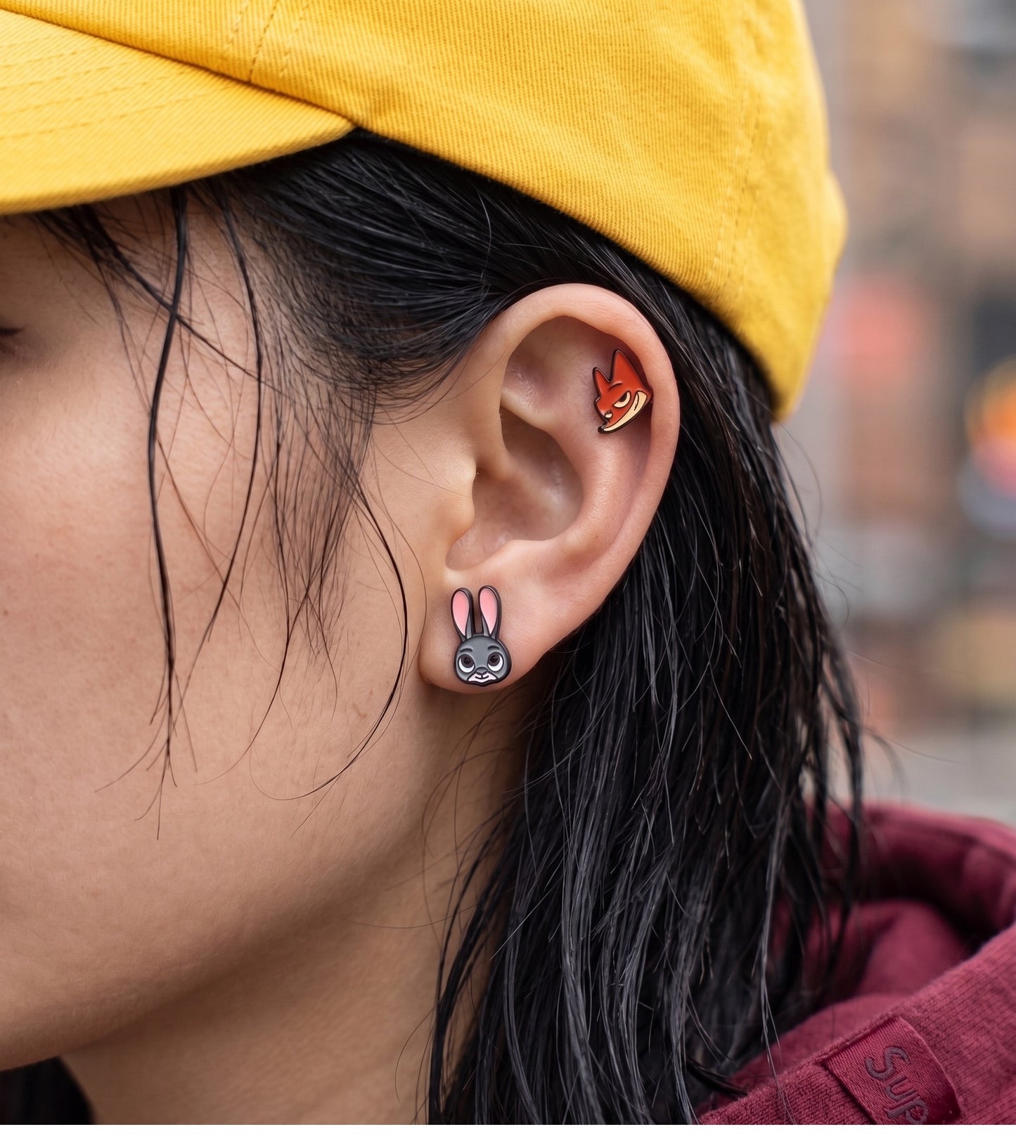 Zootopia enamel stud pair — cyber-Y2K character jewelry, retro-cool earstack for Disney-core fans