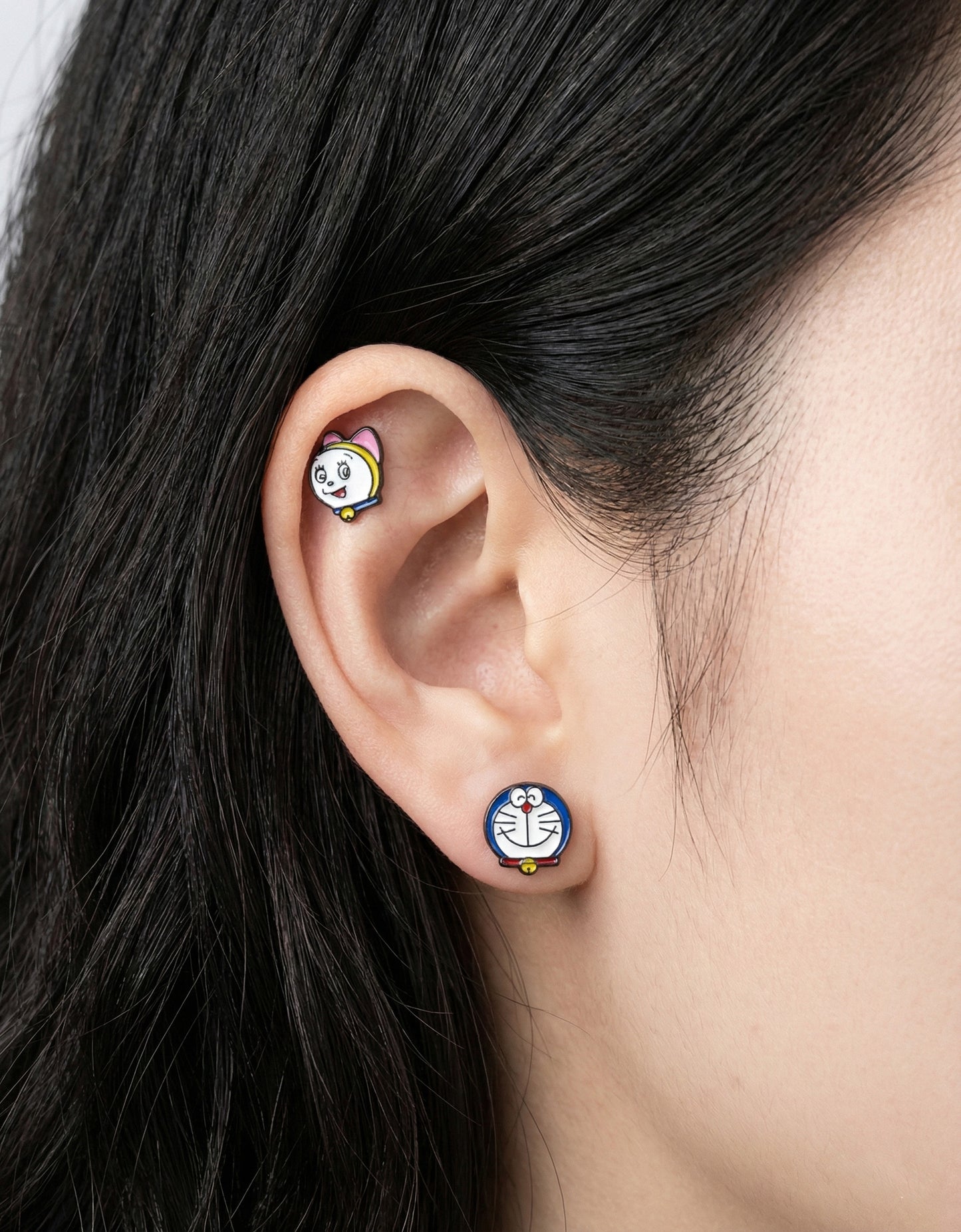 Doraemon & Dorami Surgical Steel Piercing Studs - Hypoallergenic Anime Earrings Made in Korea