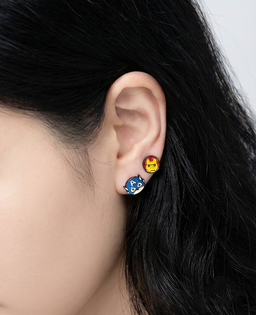 Front view of Iron Man and Captain America Avengers earrings showing detailed face painting on brass