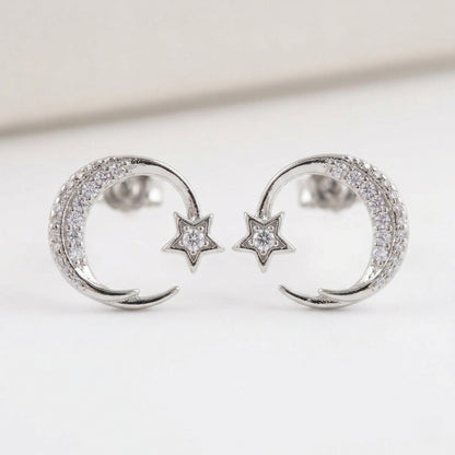 Celestial Crescent Moon & Star Pavé Stud Earrings | Silver, Gold & Rose Gold