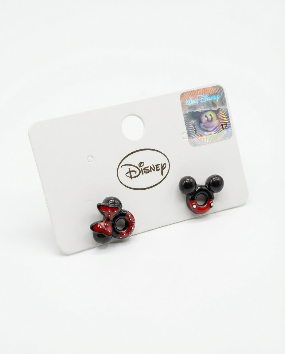 Mickey donut and Minnie ladybug matching stud earrings with enamel coating