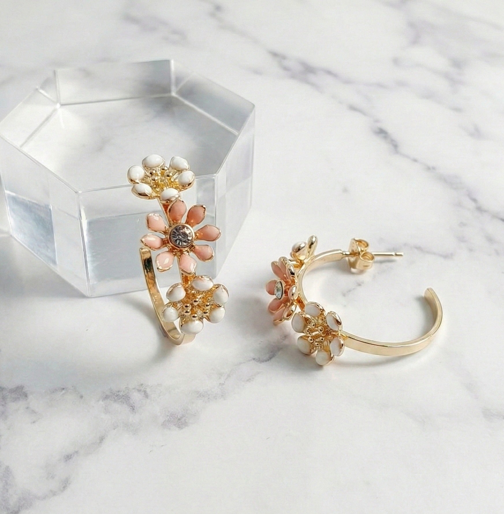  Peach blossom enamel flower hoop earrings on marble with clear jewelry box