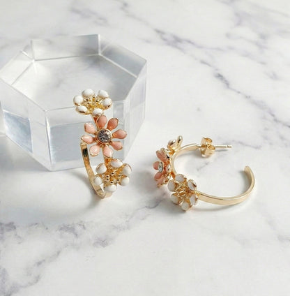  Peach blossom enamel flower hoop earrings on marble with clear jewelry box