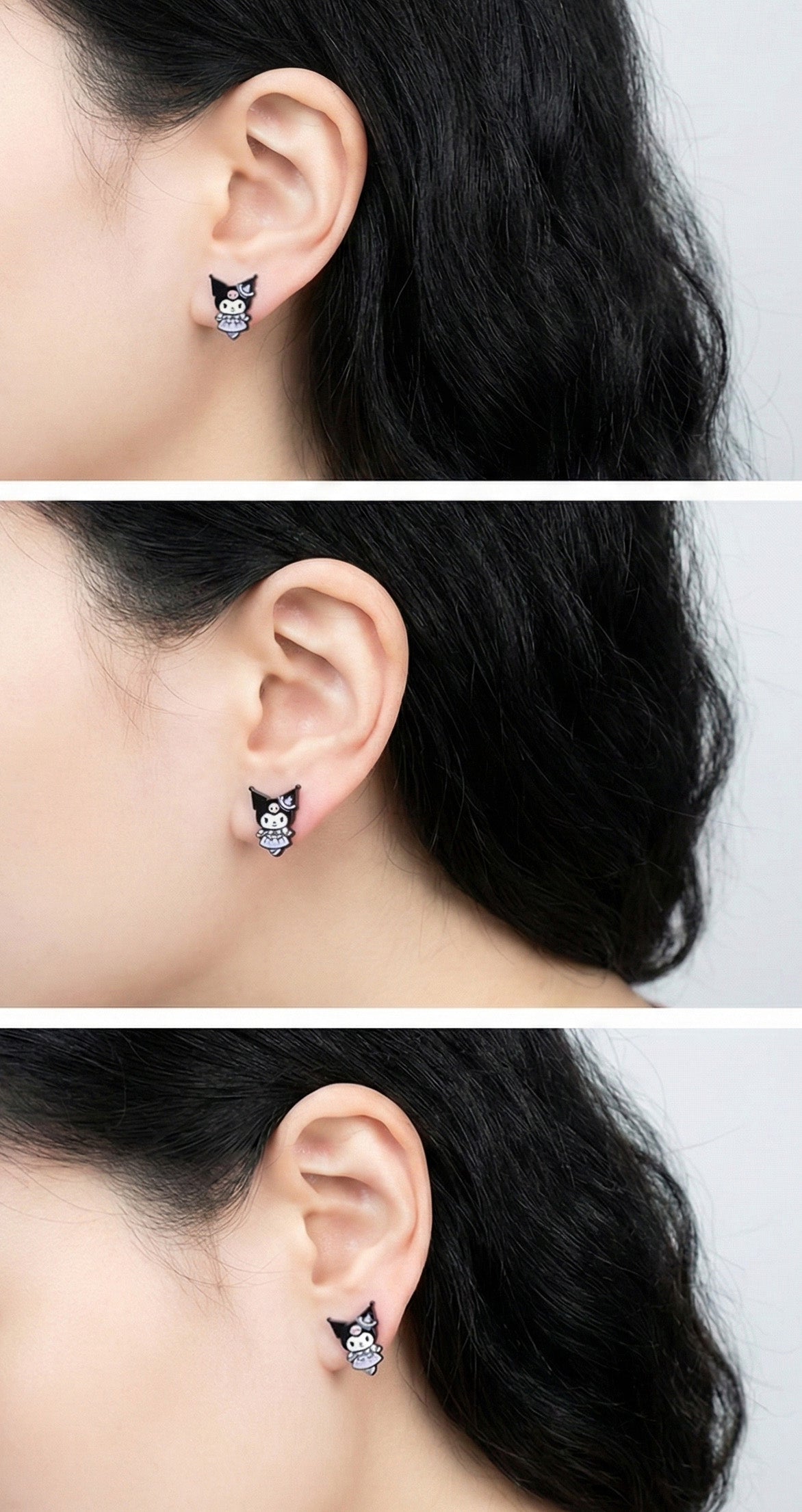 Triple panel close-up shots showing different Kuromi-inspired earrings worn on the left earlobe.