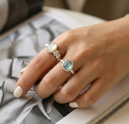 925 Sterling Silver Aquamarine Ring - Adjustable Natural Gemstone Open Ring
