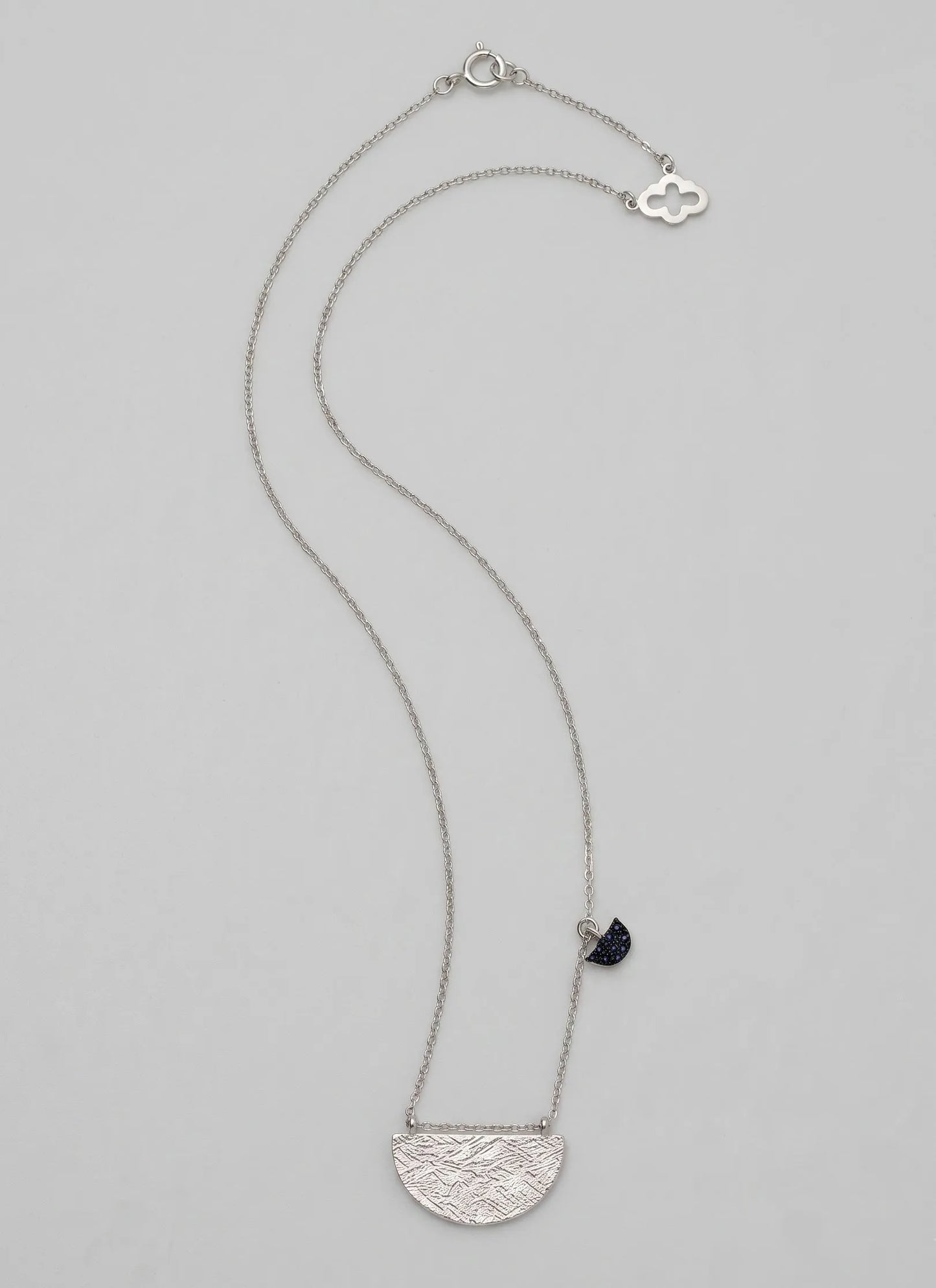 925 Sterling Silver Hammered Half-Moon Necklace with Blue CZ Heart Charm