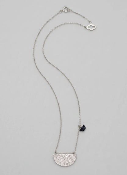 925 Sterling Silver Hammered Half-Moon Necklace with Blue CZ Heart Charm