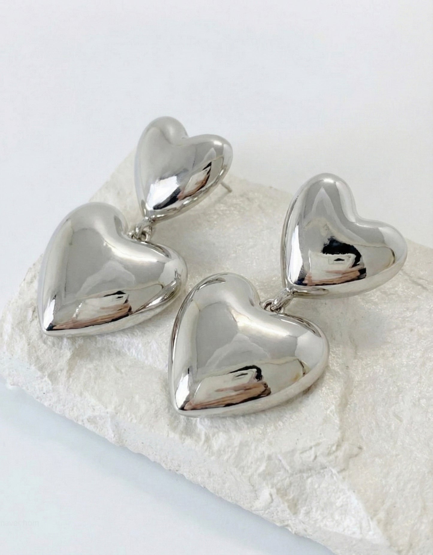 Chunky Puffed Double Heart Drop Earrings - Gold & Silver