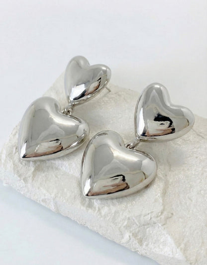 Chunky Puffed Double Heart Drop Earrings - Gold & Silver