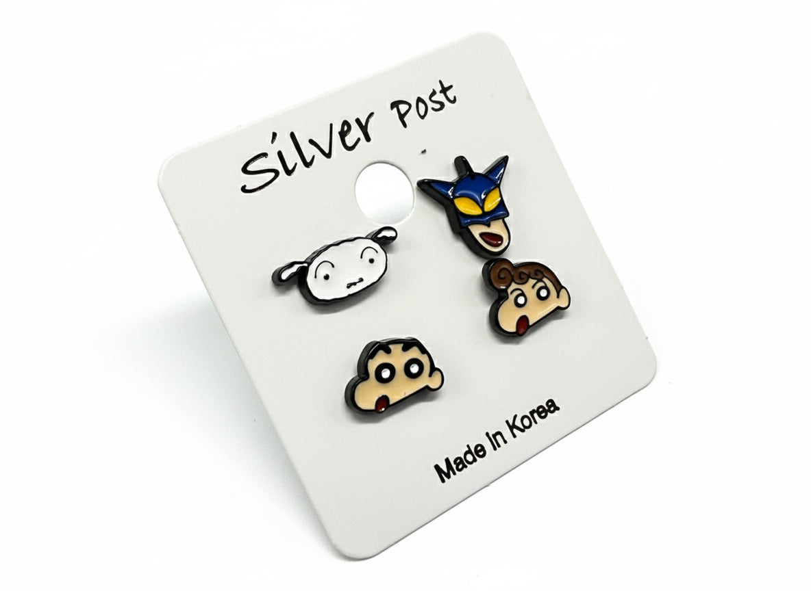 Set A Crayon Shin-chan earrings featuring Shiro, Action Kamen, Shin-chan, Himawari characters with silver posts