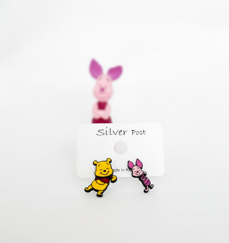 Pooh & Piglet Inspired 2-Way Drop Stud Earrings Handmade in Korea, 925 Silver Post