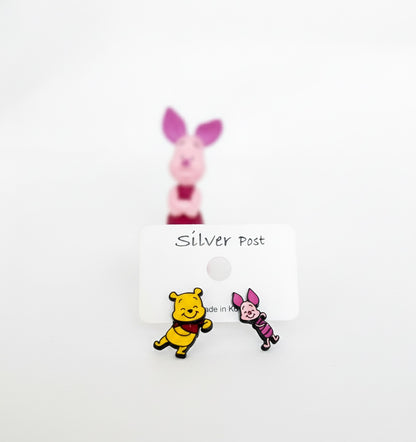 Pooh & Piglet Inspired 2-Way Drop Stud Earrings Handmade in Korea, 925 Silver Post
