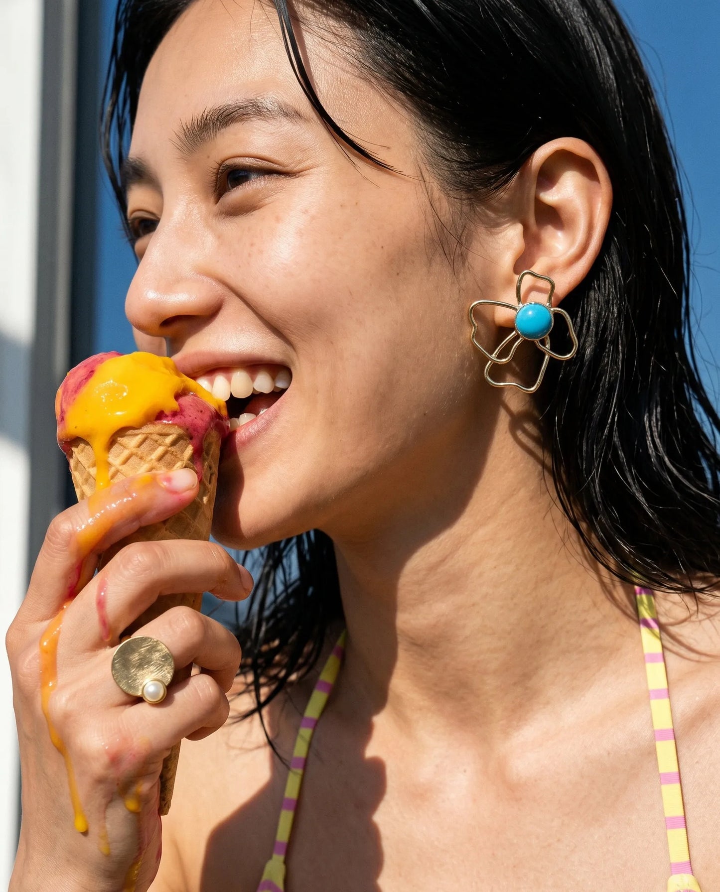 Tropical vacation aesthetic turquoise earring, bold asymmetrical flower earrings for beach day look.