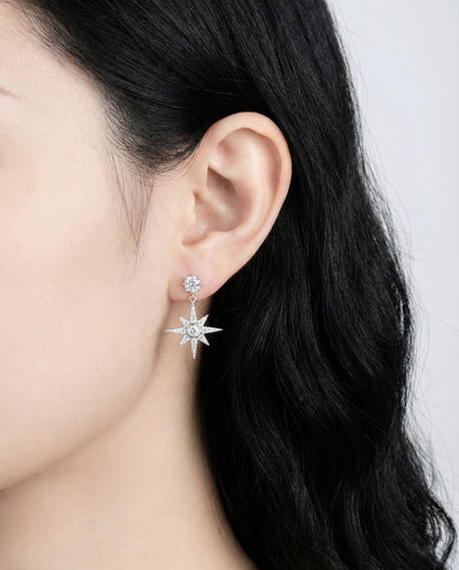 Celestial Moon and North Star Asymmetric Drop Earrings - 925 Silver Posts