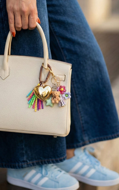 Handmade Puffy Heart Bag Charm - Beaded Tassel Keychain in 4 Colors | Y2K Aesthetic