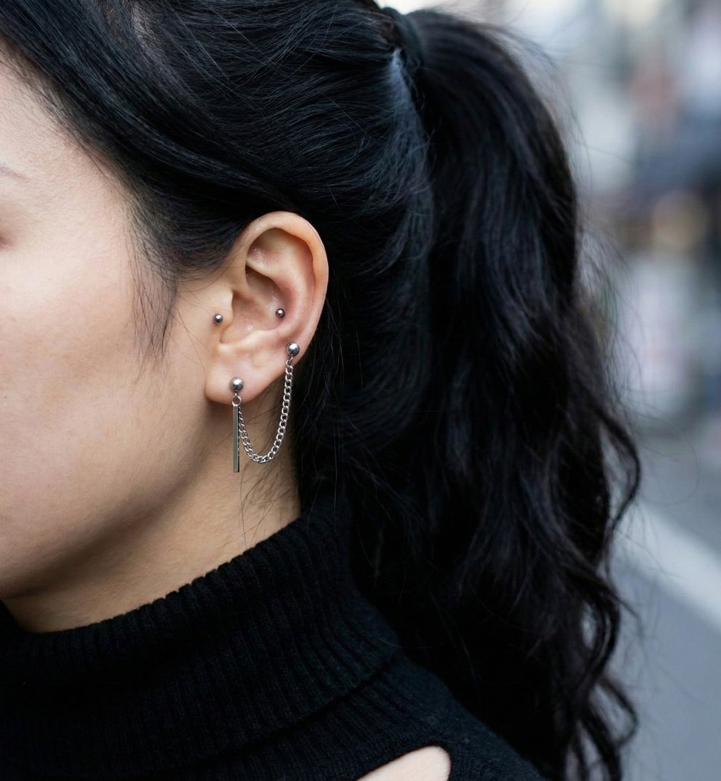 Surgical Steel Double Barbell Chain Connected Earring with Stick Drop
