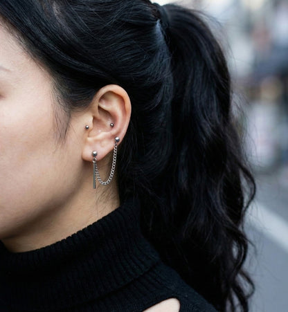 Surgical Steel Double Barbell Chain Connected Earring with Stick Drop