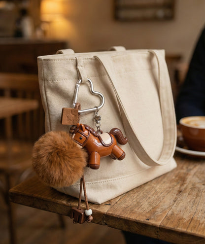 Foxy Pony Horse Keychain Bag Charm with Fluffy Pompom 2 Colors