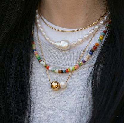 Double Strand Freshwater Pearl & Brass Wire Choker Necklace - Gold/Silver