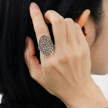 Vintage Filigree Oval Ring - 925 Sterling Silver Statement Ring