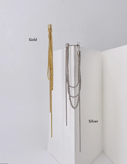Layered Snake Chain Front Back Drop Earrings - Long Tassel Linear Earrings