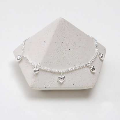 925 Sterling Silver Heart Charm Bracelet - Double Chain Puffed Hearts