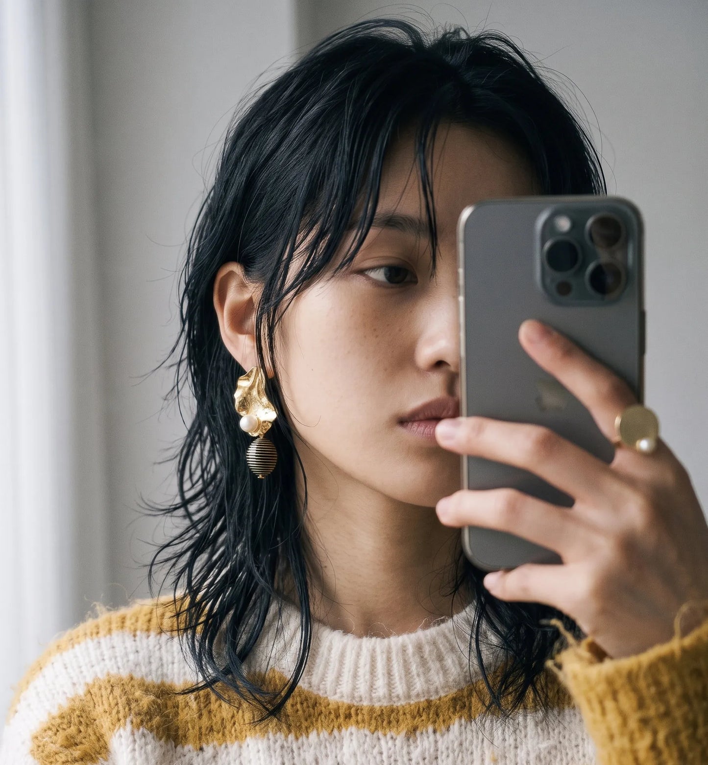 Gold Hammered Pearl Drop Earrings | K-Style Statement | Titanium Post