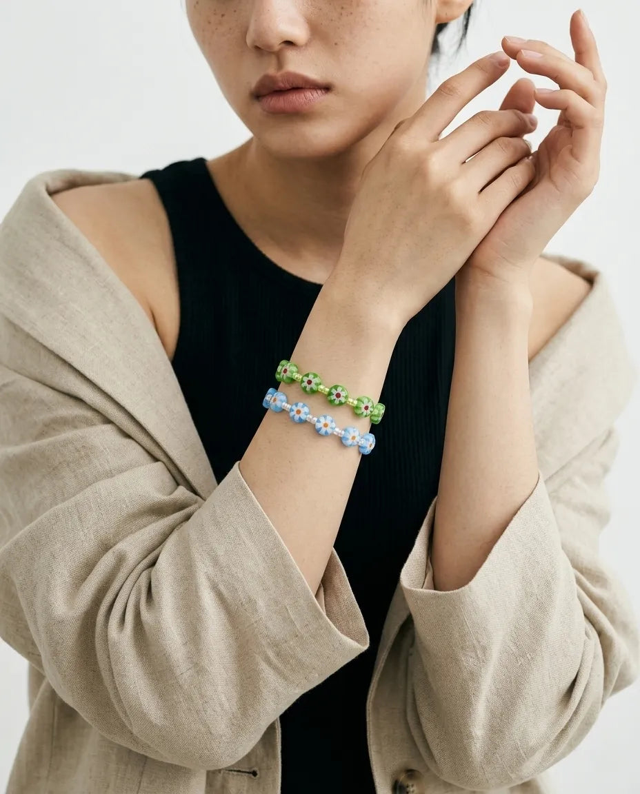 Millefiori Glass Flower Bead Bracelet — K-Handmade, 4 Colors