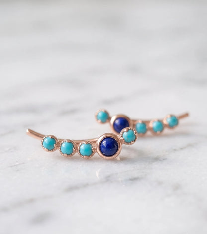 925 sterling silver rose gold bezel gemstone ear climber earrings pair, tarnish-free hypoallergenic jewelry