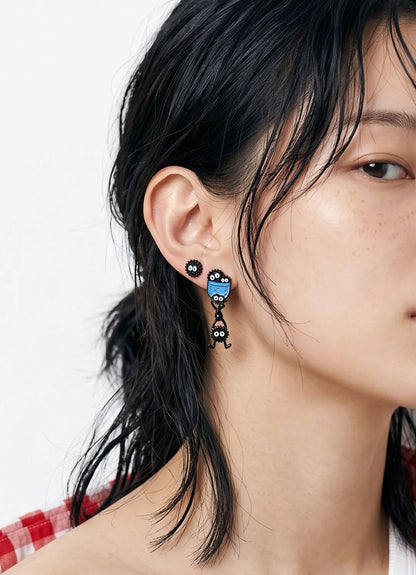 Soot Sprite Mismatched Drop Earrings | Ghibli Kitsch | Silver Post