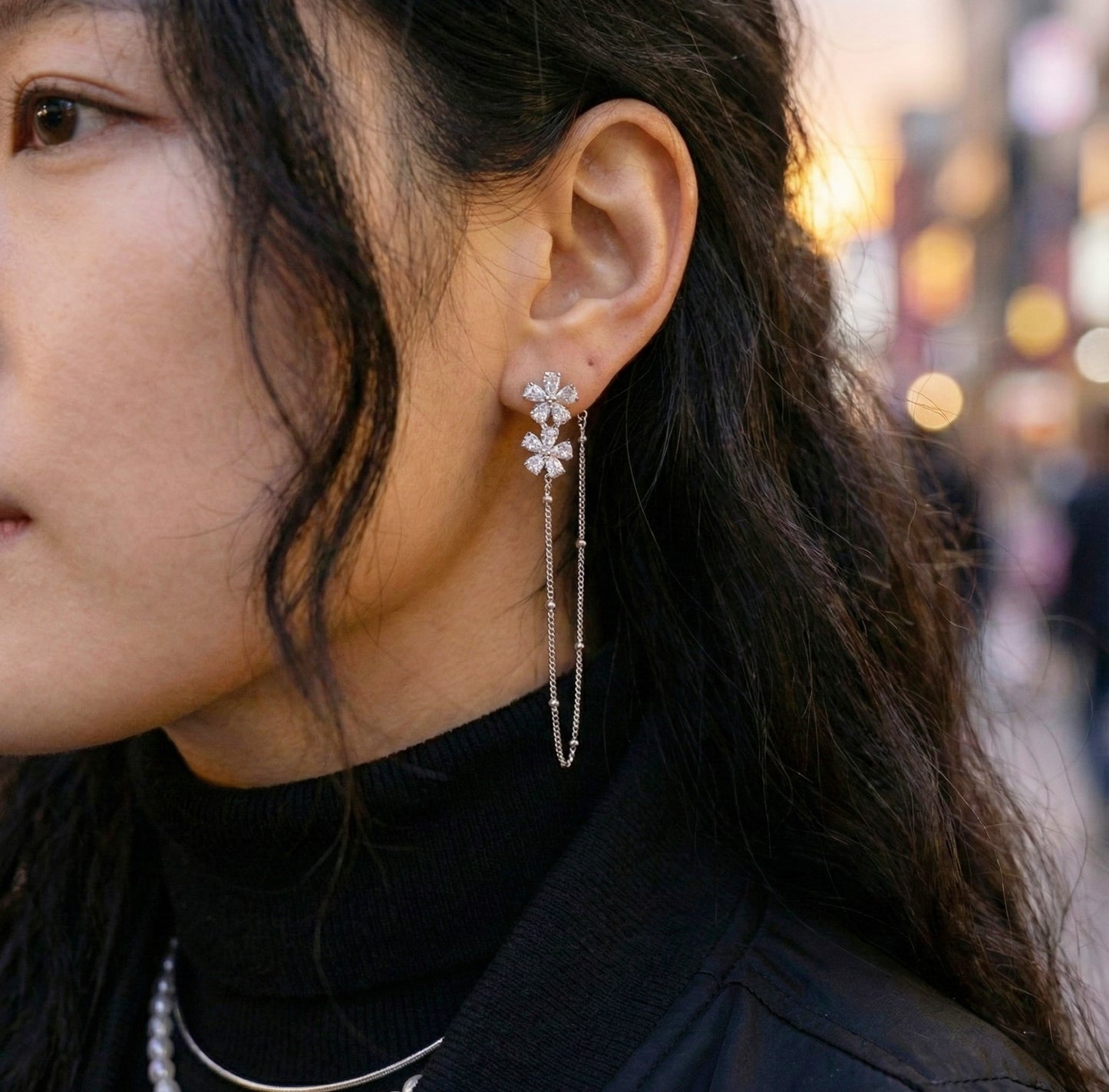 Two-Way Floral Crystal Chain Drop Earrings | Silver Post