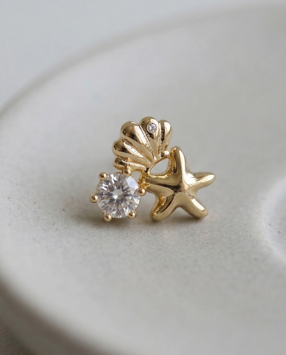 Mermaidcore Shell & Starfish Cubic Zirconia Stud Earrings | Hypoallergenic Titanium Post | Gold & Silver