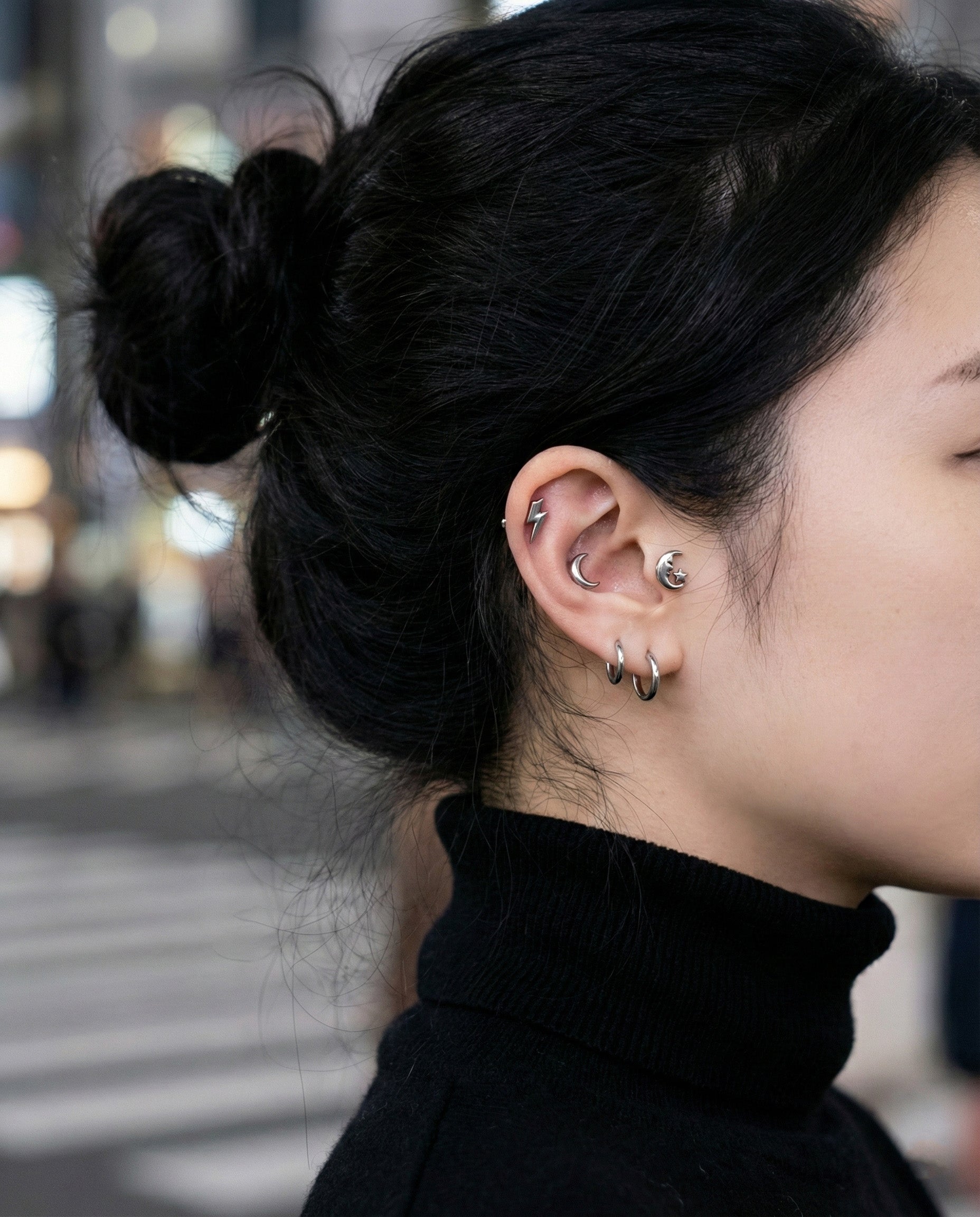 Full ear stack with surgical steel celestial piercings - helix, conch, lobe placemen