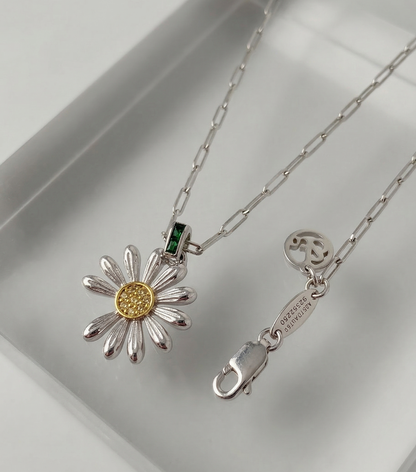 925 Sterling Silver Daisy Pendant Necklace – Green CZ Bail & Yellow Pavé Center