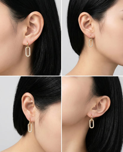 Huggie Hoop Pavé Oval Chain Link Drop Earrings – Gold & Silver