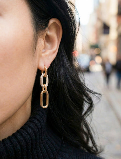 Chunky Pavé Chain Link Drop Earrings in Gold & Silver - Korean Jewelry