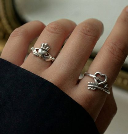 925 Sterling Silver Vintage Ring - Claddagh, Cupid Arrow & Heart Cross