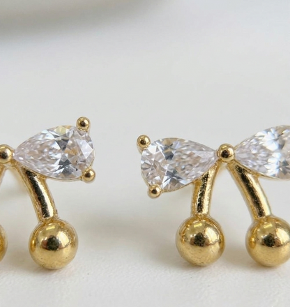 CZ Bow Cherry Stud Earrings – Sparkling Cubic Zirconia Ribbon with Ball Drop, Hypoallergenic, Gold & Silver